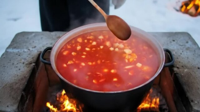 Russian chef cooking borsch soup in the cold, while the steam forms shapes of smiling snowmen.