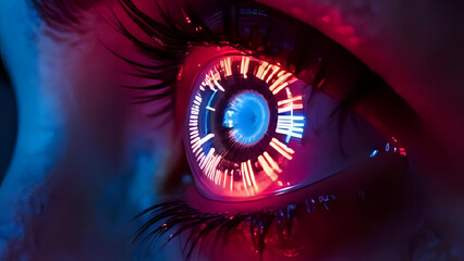 Close-up of cyberpunk eye with digital interface HUD elements overlaying the iris