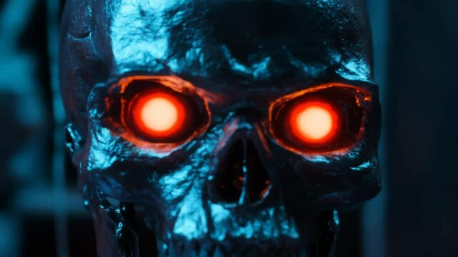 Glowingeyed metal skull emerges from darkness