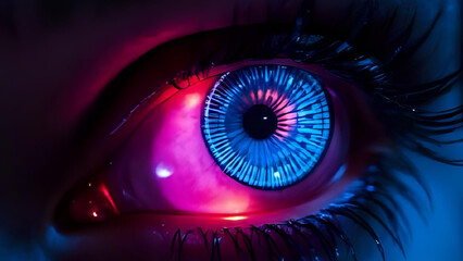 Close-up of cyberpunk eye with digital interface HUD elements overlaying the iris