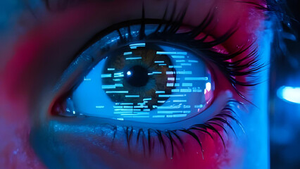 Close-up of cyberpunk eye with digital interface HUD elements overlaying the iris