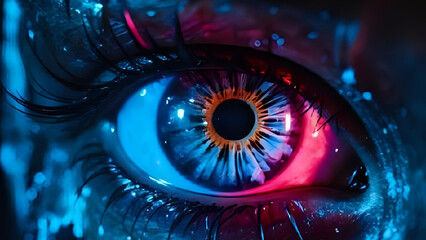 Close-up of cyberpunk eye with digital interface HUD elements overlaying the iris