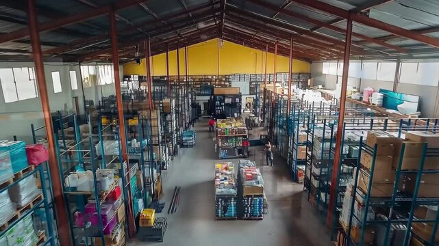 FPV flight showcases bustling merchandise warehouse with organized racks and diverse products, FPV Flight Inside Merchandise Warehouse With Racking System In Dominican Republic aerial