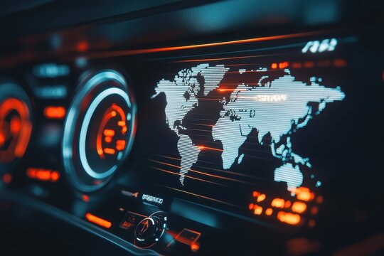 Digital dashboard displaying world map for electric vehicle navigation and data analysis, Digital dashboard over world map with electric auto and speed indicators