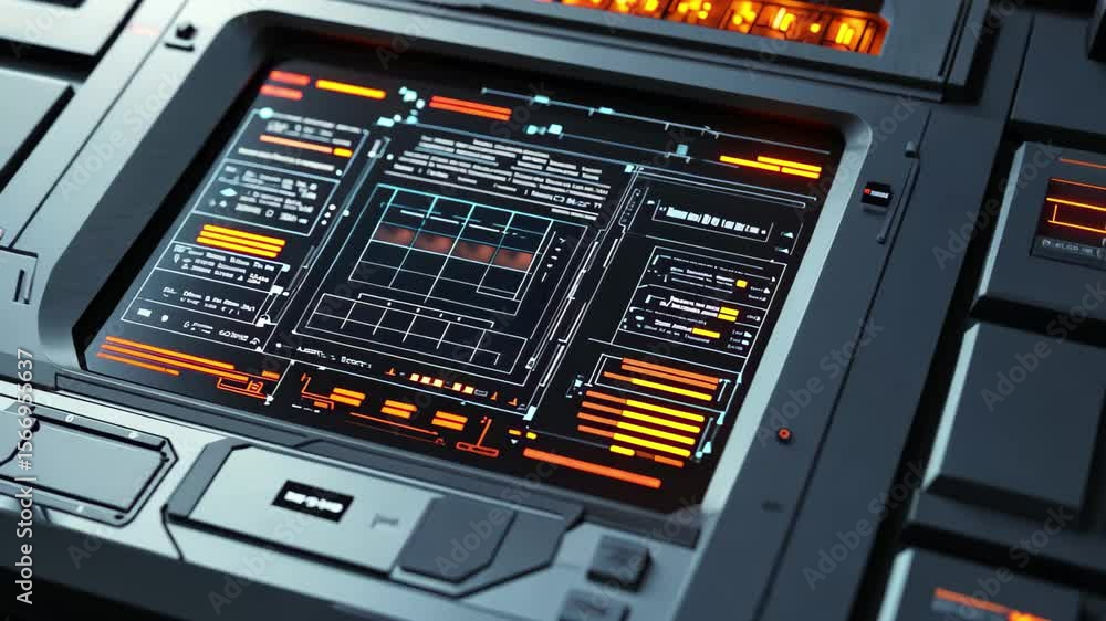 Poster Futuristic digital data processing device with vibrant display in a sleek design, Futuristic digital data processing device Seamless 3D render with DOF