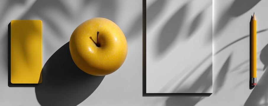 Minimalist stationery composition with a bright yellow accent and soft shadows