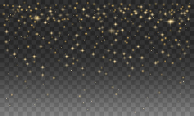 Gold glowing stars and sparkles on a transparent background. Shiny glittering light effect