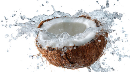 Coconut shell with water splash, isolated on a white background.