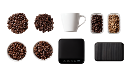 Coffee beans, cup, and scale displayed on a white isolated background for barista or brewing concepts.