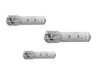 Set of three modified guided version Soviet FAB-100 aerial bombs used in warfare is isolated.