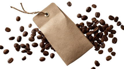 Coffee beans surrounding a blank tag, perfect for labeling or branding, white isolate background.