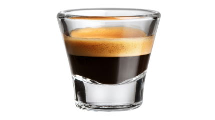 Coffee espresso shot in a clear glass on a white background.
