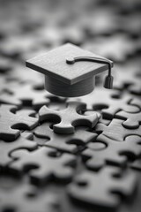 Graduation cap atop puzzle piece symbolizing education and knowledge fitting together