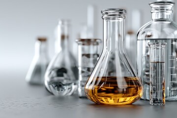 Laboratory glassware with liquids showcasing scientific equipment and chemistry concept
