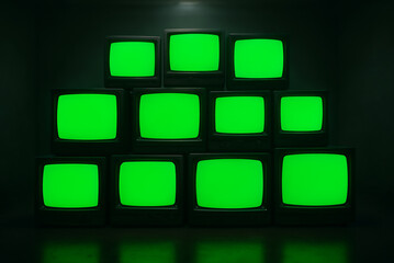 Stacked Retro CRT TVs with Green Blank Screens in Dark Room