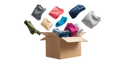Colorful clothing items flying out of a cardboard box, isolated on white background.