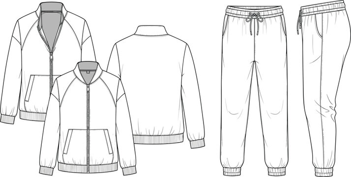 Vector technical drawing track jacket and jogger pants set, front back side views, fashion flat sketch, casual sportswear template