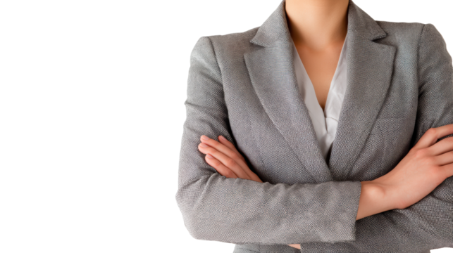 Confident professional woman in gray suit, arms crossed, white isolated background.