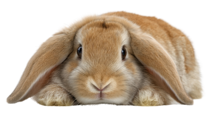Cute brown rabbit resting peacefully on a white isolated background.