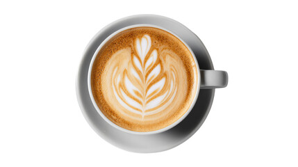 Delicious coffee latte in a cup with beautiful latte art on an isolated white background.