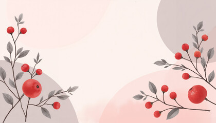 Abstract background with red berries on branches on circles in a pastel background.