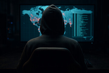 Anonymous Hacker in Dark Room Monitoring Global Cyber Attacks on Digital World Map