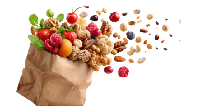 Delicious assorted snacks spilling from a paper bag on a white isolated background.