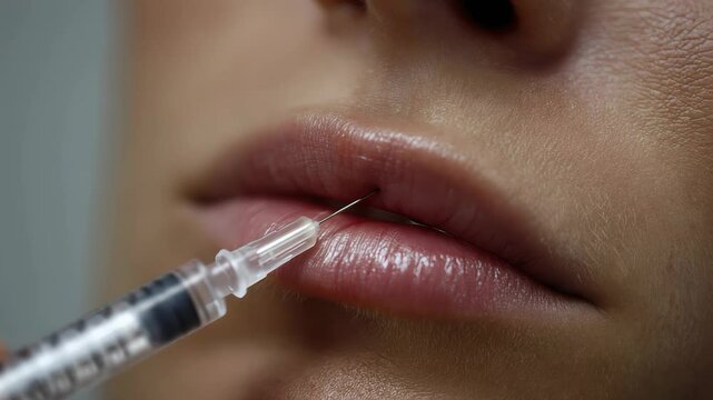 Close-Up Sequence of Lip Injection with Syringe and Needle on Human Lips