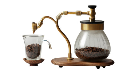 Elegant coffee brewing device with glass and metal components on a wooden base.
