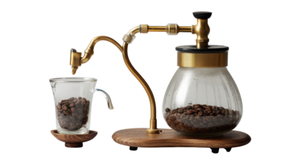 Elegant coffee brewing device with glass and metal components on a wooden base.