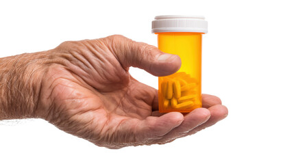 Elderly hand holding a prescription bottle filled with pills, white isolated background.