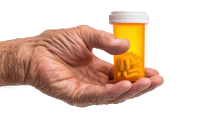 Elderly hand holding a prescription bottle filled with pills, white isolated background.