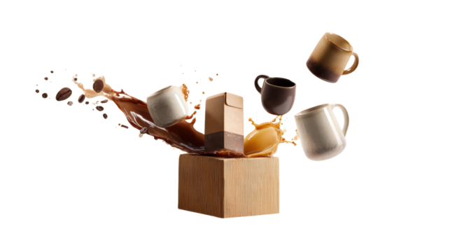 Dynamic explosion of coffee cups and carton box with splashing coffee, isolated on white background.