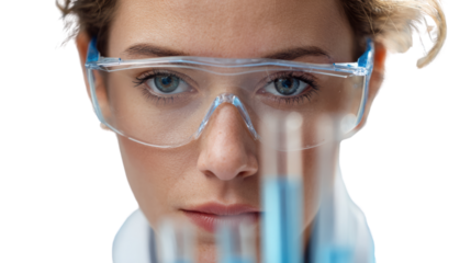 Focused female scientist analyzing liquid in laboratory glassware, with blue chemistry solutions.