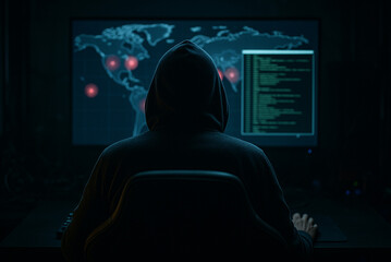 Anonymous Hacker in Dark Room Monitoring Global Cyber Attacks on Digital World Map
