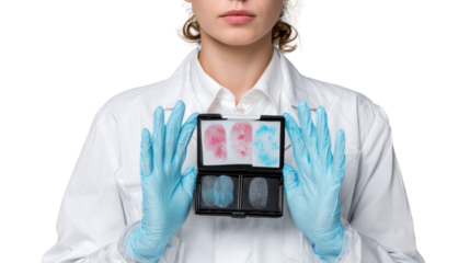 Forensic expert displaying fingerprint materials, clear background.