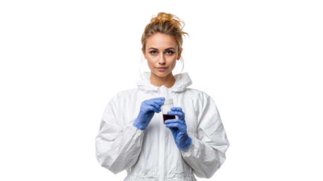 Female scientist in protective gear holding a test tube, serious expression on a white isolated background.