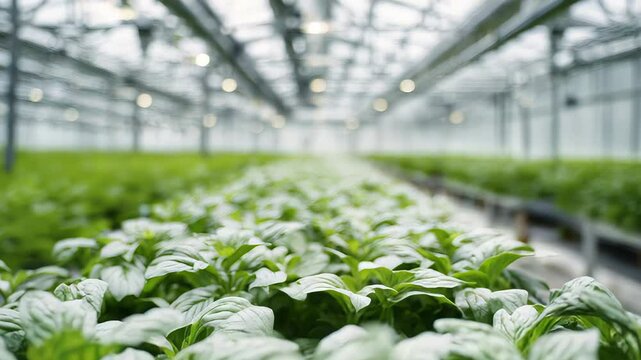 Indoor Greenhouse with Lush Basil Plants under Skylights in a Controlled Environment