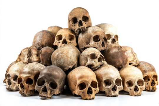 Pile of human skulls on a transparent background	
