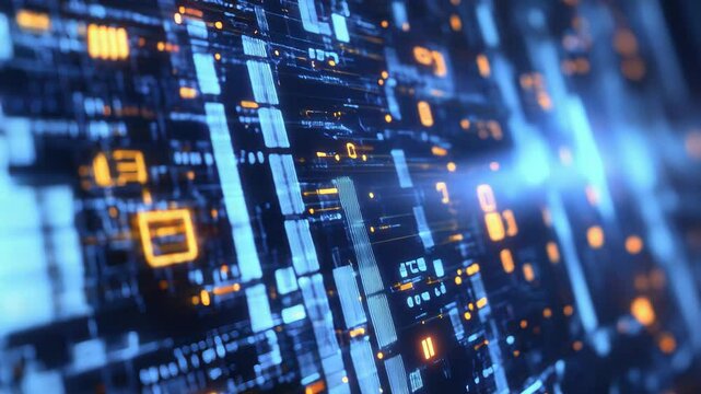 Digital Matrix with Glowing Binary Code Patterns in Blue and Orange