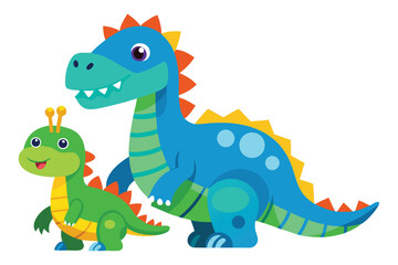 A fun cartoon baby green dinosaur illustration shows a cute reptile character drawing with a funny smile, like a playful monster or dragon