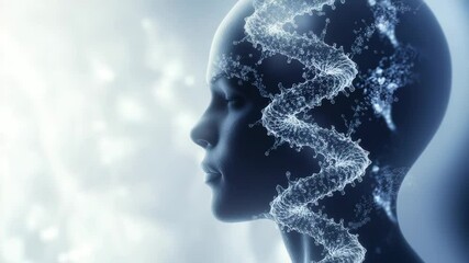 Silhouetted Human Profile with Digital DNA Helix and Abstract Light in Sequence - Powered by Adobe
