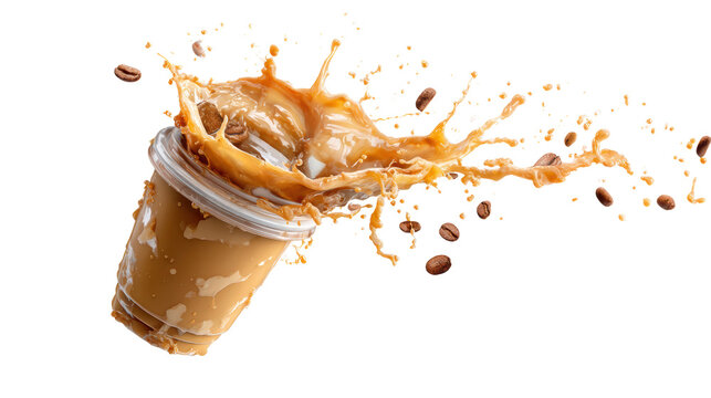 Iced coffee with splashes, energetic and refreshing beverage, perfect for summer vibes.