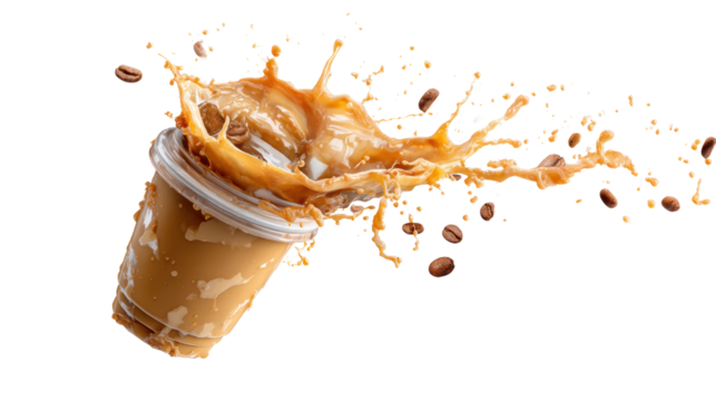 Iced coffee with splashes, energetic and refreshing beverage, perfect for summer vibes.