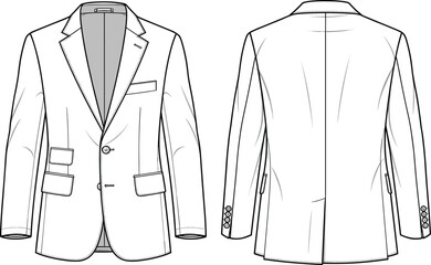 Men’s blazer technical flat sketch, tailored suit jacket CAD drawing with lapel and pockets, vector fashion template