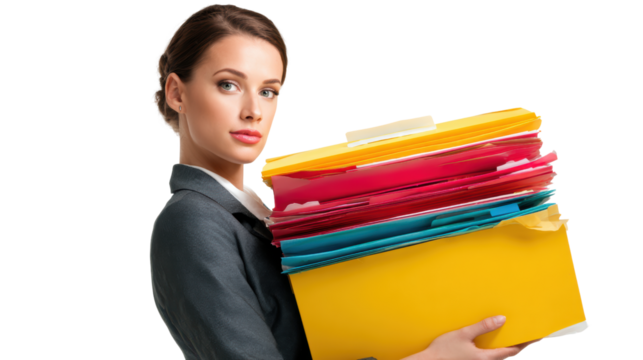 Professional woman carrying a stack of colorful file folders against a white background.