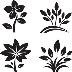 set of black and white floral elements silhouette 