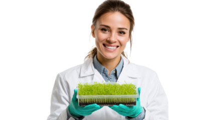 Scientist holding tray of green sprouts, smiling on white isolate background.
