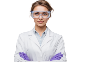 Scientist in lab coat with protective goggles and gloves, looking confidently at the camera.