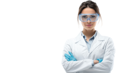 Scientist in lab coat with safety glasses and gloves, isolated on a white background.